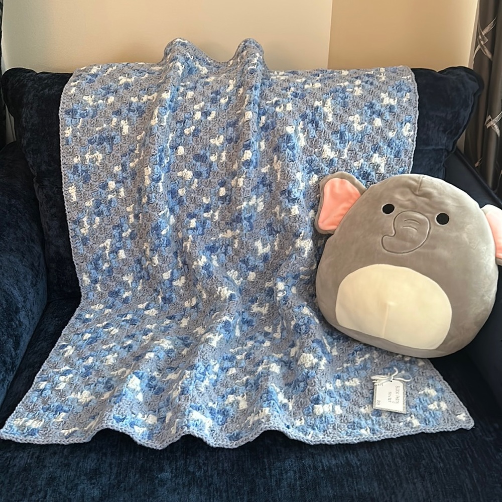 NEW handmade crochet blanket baby blanket blue multi 33.5”x38.5”